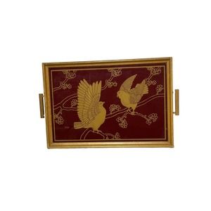 Vintage Wood Serving Tray Oriental Birds Tree Floral Gold Glass Inlay